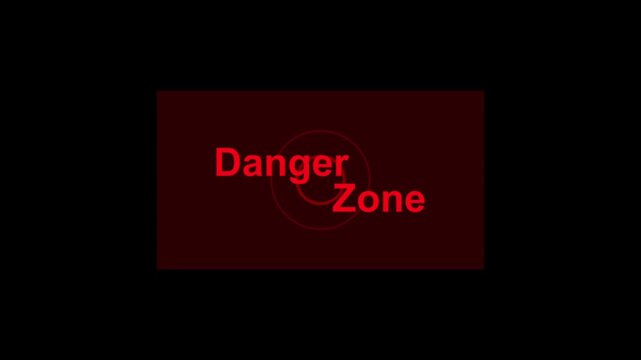 Red danger zone text with circle and dashed line on dark animated background, Bold warning typography with alert symbol and hazard notification design, Abstract emergency message safety concept.