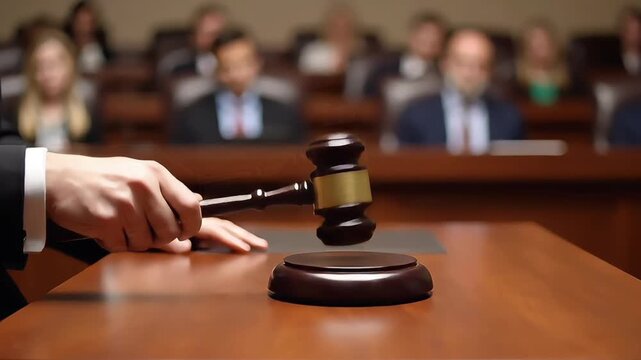 A judge's hand holding a gavel over a sound block on a wooden desk in a courtroom with blurred people in the background