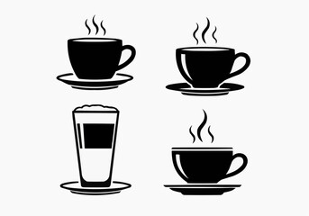 Obraz premium Coffee Cup Icon Set - Minimalist Black Vector Silhouettes of Steaming Tea and Coffee Mugs on Saucers