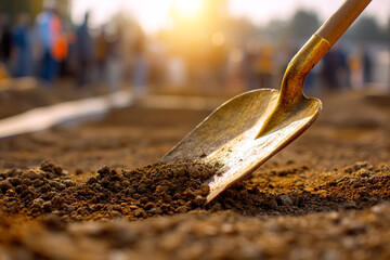 A shovel digs into the dirt at a construction site with people in the background