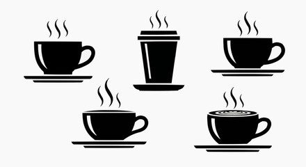 Obraz premium Coffee Cup Icon Set - Minimalist Black Vector Silhouettes of Steaming Tea and Coffee Mugs on Saucers