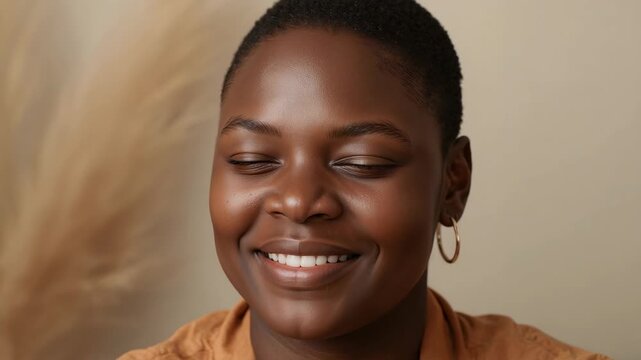 Camera rolling woman seated center beige wall smiling eyes shut rust shirt hoop earring pampas calm