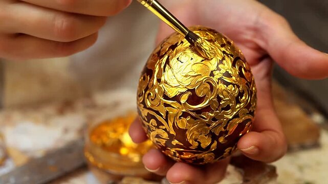 Close-up of artisan meticulously applying gold leaf to ornate egg