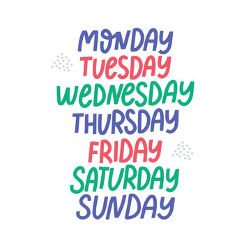 Days of Week Colorful Typography Vector Illustration. This vector design is ideal for planners, educational posters and classroom materials.