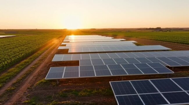 Golden Sunset Illuminates Expansive Solar Farm Harnessing Renewable Energy for a Sustainable Future