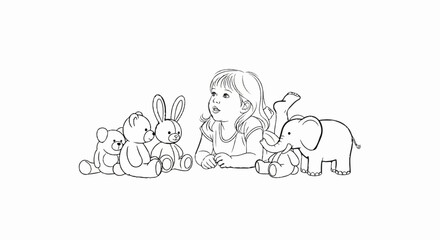 Obraz premium A young child lies on the ground surrounded by stuffed animal toys