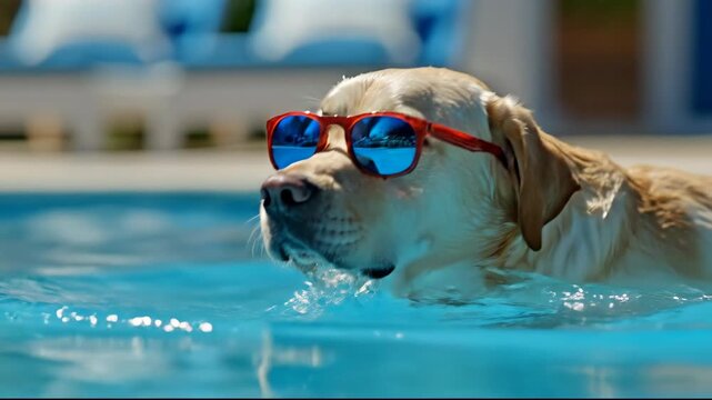 A joyful dog in sunglasses relaxing in a pool on a sunny day.