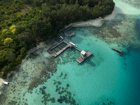 Aerial view of the Shark Breeding Menjangan Kecil, where turquoise waters meet the lush greenery of the island, Karimunjawa, Central Java, Indonesia.