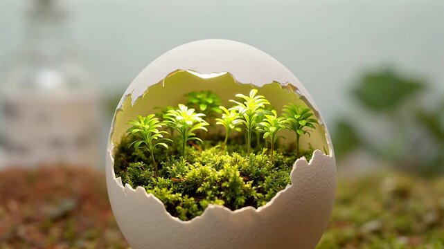 Delicate new life sprouts from a cracked eggshell, symbolizing rebirth and growth