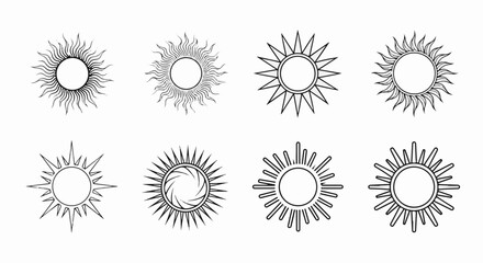 Collection of eight unique black and white sun illustrations with varying ray styles