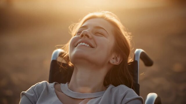 Smiling adult woman in wheelchair responding to warm sunset light at open field, with sun flare