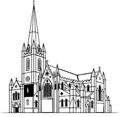 Detailed line art sketch of a Gothic-style church with a tall spire