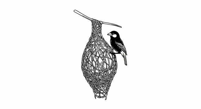 Detailed ink drawing of a weaver bird perched on its intricately woven nest