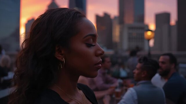 Standing Black woman breathing on rooftop at sunset, with gold hoops observing skyline, copy space