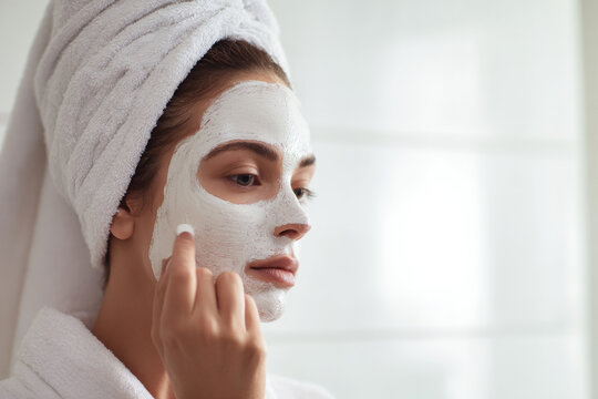 young woman applying clay mask focused on T-zone to reduce blackheads, clean white bathroom, soft natural light, medium close-up