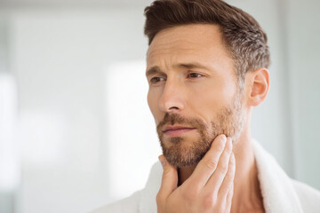 Fototapeta premium male fashion model discussing jawline contouring with aesthetic doctor in modern clinic, clean minimalistic background, natural window light, commercial lifestyle composition