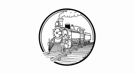 Black and white line art illustration of a steam train on tracks within a circular border