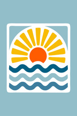 Logo agencia de viajes. Vacaciones de verano. Dibujo sencillo con lineas de un sol asomando por encima de olas de mar en el interior de un cuadrado  © teracreonte
