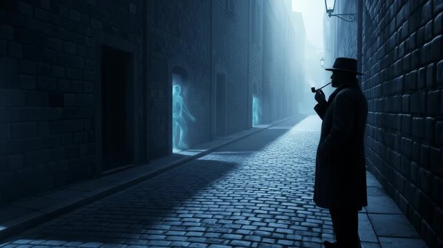 Mysterious Detective in Shadowy Alleyway Smoking Pipe, Atmospheric Noir Scene.