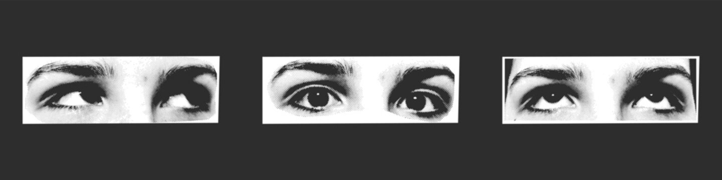 Eyes cut out collage vintage halftone, Abstract halftone banner with a pop art eye. Girly vibe of the 2000s, Retro pop art halftone grunge effect old newspaper print