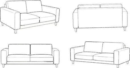 Four line-art views of a simple, modern two-seater sofa from various angles