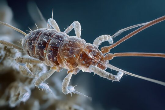 Parasitic louse crawling in human hair macro