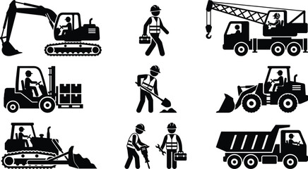 Comprehensive Construction and Industrial Machinery Icon Set Featuring Excavator, Crane, Forklift, Bulldozer, Dump Truck, and Professional Laborer Silhouettes © ElectroTeam