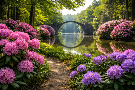 Famous Rakotzbr&uuml;cke Devils Bridge with Flower Reflection in Calm Lake