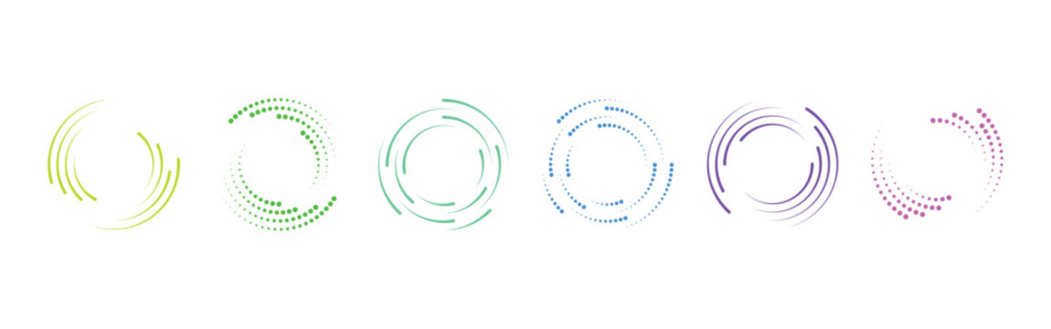 Colorful circular speed lines and swirl motion effect set. Abstract round loading icons, vortex rotating elements, and radial velocity curves for UI/UX and modern graphic design.