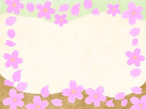 緑とゴールドとベージュを背景に桜の花びらフレームが入った背景素材イラスト