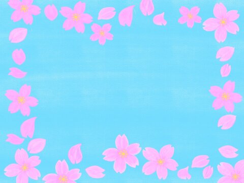 水色を背景に桜の花びらフレームが入った背景素材イラスト
