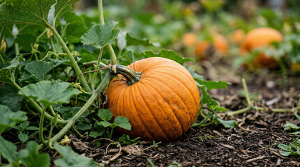 Obraz premium Close-up of a pumpkin growing in a garden patch, detailed orange pumpkin with green leaves, natural daylight, other pumpkins softly blurred in the background