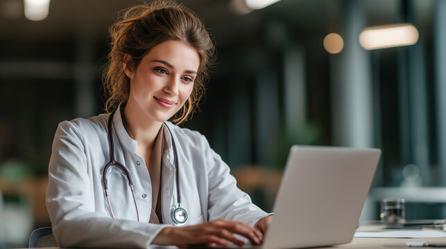 Female doctor managing medical coding and billing on laptop in modern clinic office