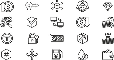 Fototapeta premium Collection of abstract line art icons representing digital finance concepts like cryptocurrency growth, investment, and secure transactions
