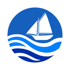 Logotipo nautical. Silueta de barco de vela con olas de mar en círculo  © teracreonte