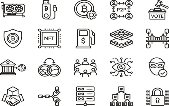 Diverse icon set illustrating blockchain technology, cryptocurrency mining, NFTs, and decentralized finance applications