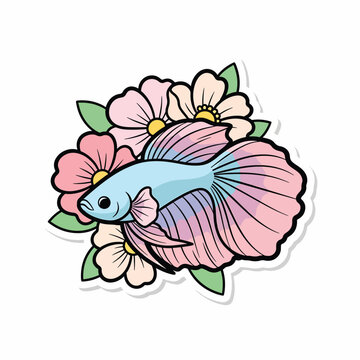 A blue betta fish surrounded by pink and white flowers (1)