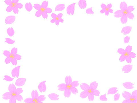白背景に桜の花びらフレームが入った背景素材イラスト