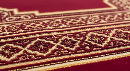 Elegant Islamic prayer rug with intricate gold embroidery and deep red velvet texture, symbolizing faith, tradition