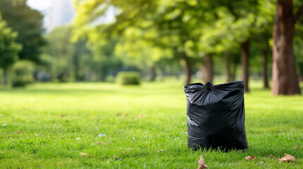 Black garbage bag placed on a neatly trimmed green lawn in a sunny park, scattered litter visible around it, defocused park trees behind, environmental pollution, park cleanup, waste management,
