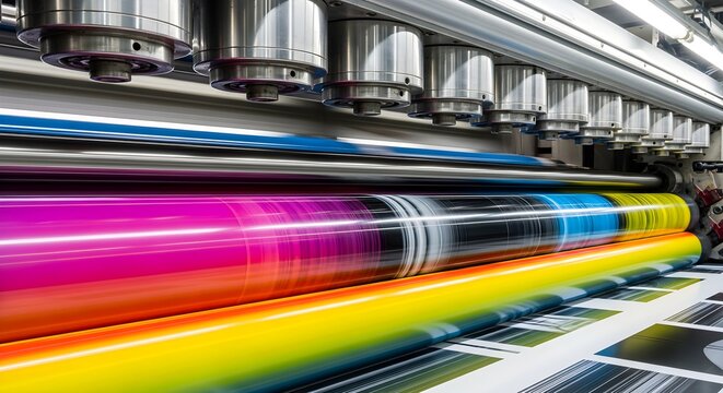 Close-up of a large industrial printer's CMYK color printing rolls in motion with vibrant colors and metallic components.