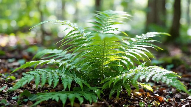 Lush green fern fronds unfurling in a sun-dappled forest floor setting
