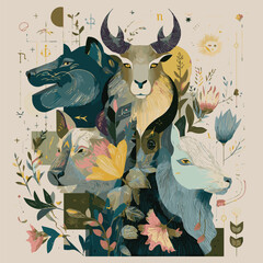 Obraz premium Generate A Illiustrated Poster with Wild animals and mythology creature, plant and astrology element. Modern Trendy poster with vector illustration