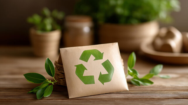 Flat-lay graphic of a circular diagram showing the 4R principle &mdash; Reduce, Reuse, Repair, Recycle &mdash; with natural leaf and arrow icons on a kraft paper background, defocused eco materials behind,
