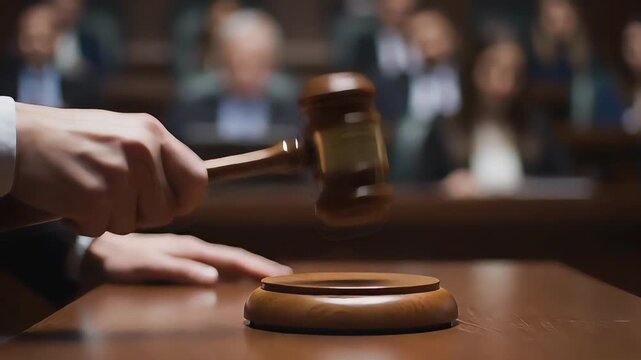 Close-up of a hand holding a gavel over a sound block on a wooden desk in a courtroom setting with a blurred background of people