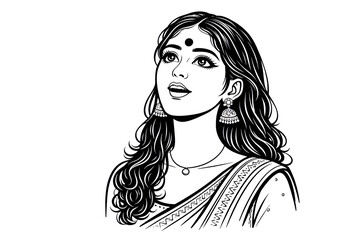 Indian Woman Looking Up with Bindi and Saree Elegant Line Art Portrait Illustration