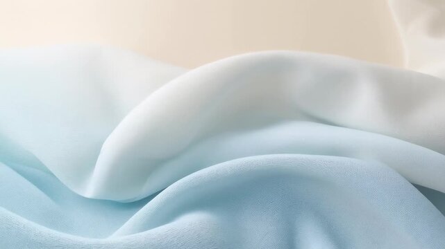 Shifting layered pale-blue and white fabric forming gentle waves in studio closeup, diffuse light