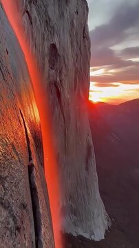 high angle view of Horsetail Fall firefall at sunset in Yosemite National Park