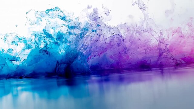 Releasing droplets causing cyan magenta plumes rising and curling over mirror water, white backdrop