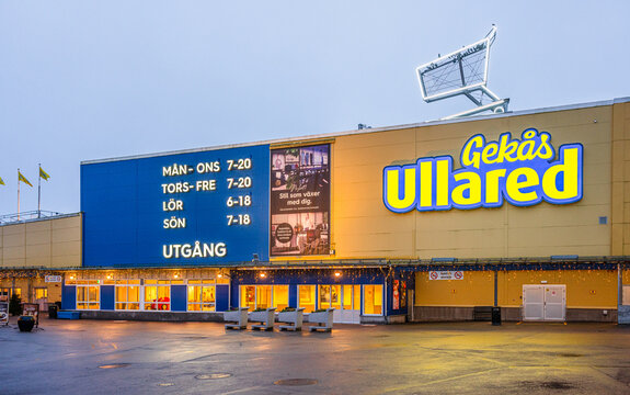 Ullared, Sweden - January 18 2026: Gekas Ullared department store exterior at dusk in Sweden.